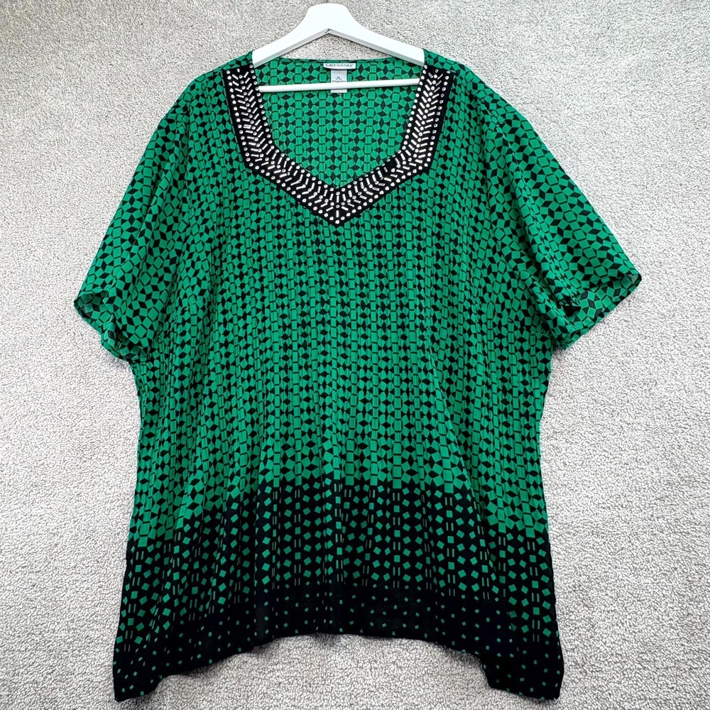 Catherines Tunic Top Womens 3X Green Black Geometric Beaded Sweetheart Neck